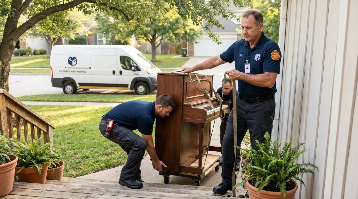 Licensed piano movers securing grand piano in Wakefield, MI