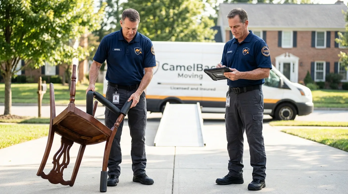 Movers inspecting furniture for damage prevention before loading in Wakefield, MI