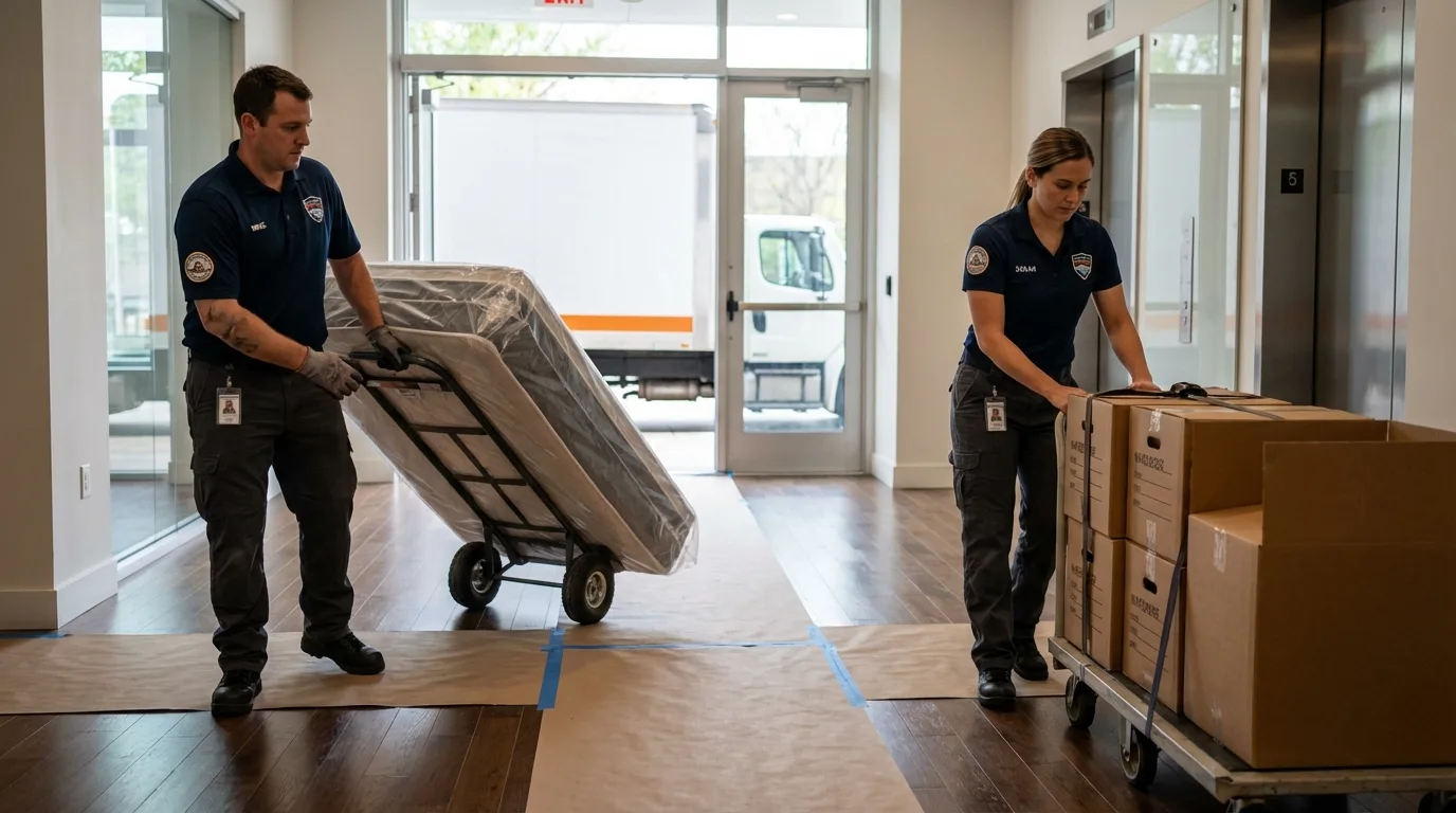 Professional apartment movers loading elevator in Wakefield, MI